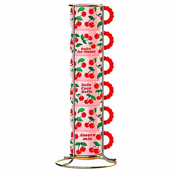 סט 6 כוסות אספרסו Bialetti Mercato Della Frutta Cherries עם מעמד מתכת 90 מ״ל סט 6 כוסות אספרסו Bialetti Mercato Della Frutta Cherries עם מעמד מתכת 90 מ״ל