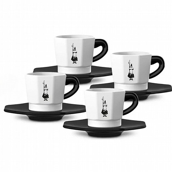סט 4 כוסות אספרסו פורצלן 75 מ"ל עם צלוחיות Bialetti Octagonal שחור-לבן סט 4 כוסות אספרסו פורצלן 75 מ"ל עם צלוחיות Bialetti Octagonal שחור-לבן