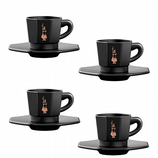 סט 4 כוסות אספרסו פורצלן 75 מ"ל עם צלוחיות Bialetti Octagonal שחור-זהב סט 4 כוסות אספרסו פורצלן 75 מ"ל עם צלוחיות Bialetti Octagonal שחור-זהב