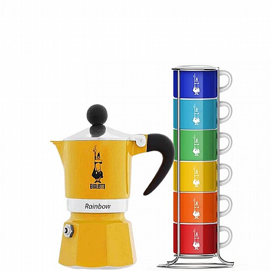 סט מקינטה 3 כוסות Bialetti Rainbow + סט 6 כוסות אספרסו פורצלן 50 מ"ל Bialetti עם סטנד מתכתי סט מקינטה 3 כוסות Bialetti Rainbow + סט 6 כוסות אספרסו פורצלן 50 מ"ל Bialetti עם סטנד מתכתי